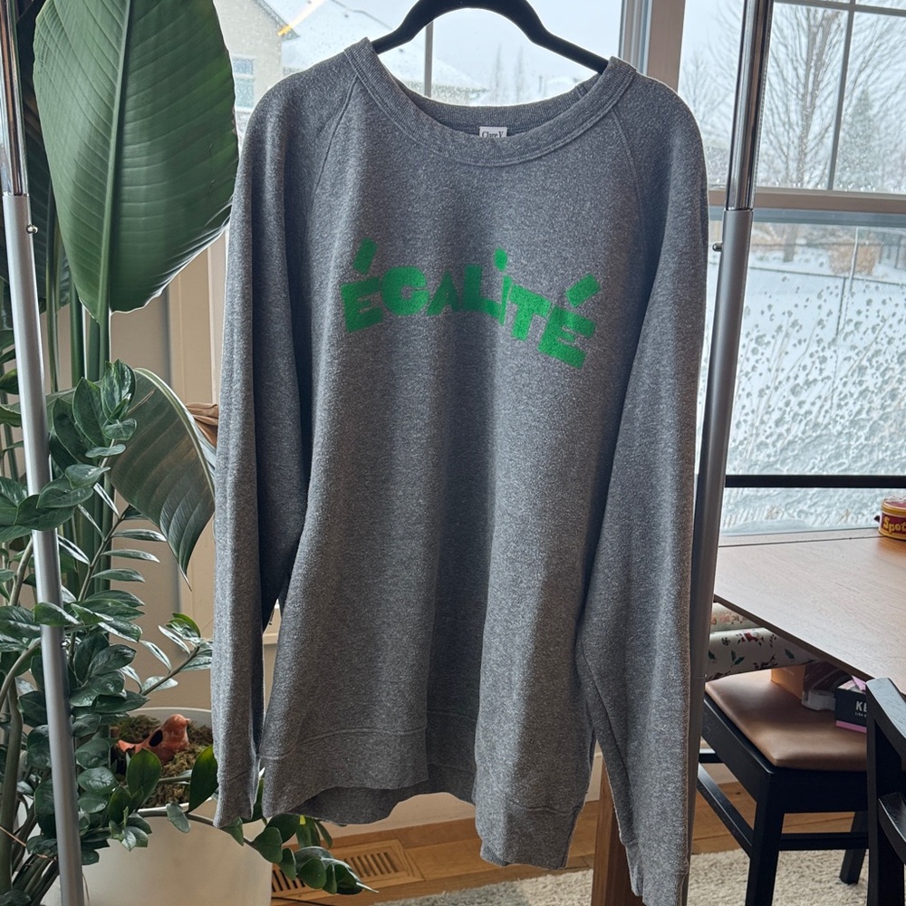 Clare V Gray Crewneck Sweater with Green Egalite Print
